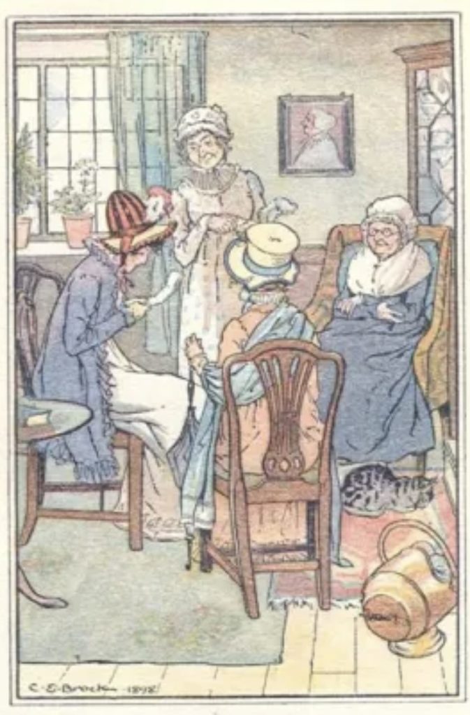 Illustration of Jane Austen's Emma, Volume II, Chapter I. At the Bates' home. Emma, Harriet, Miss Bates, Mrs Bates & Jane's letter.