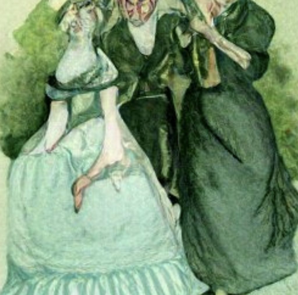 DALL E mini AI generated image. Two witches and a victorian lady